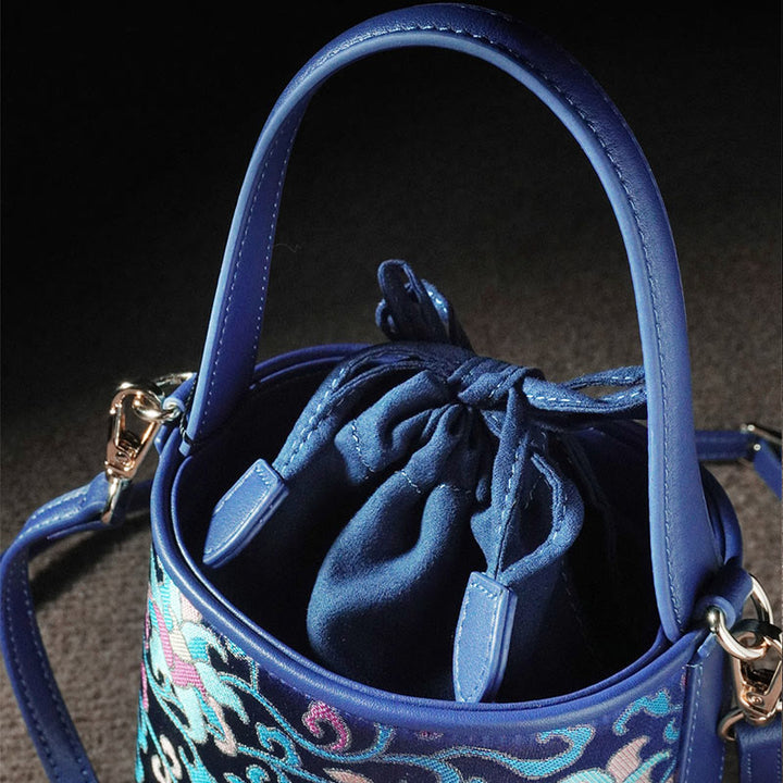 Sac à bandoulière rétro en brocart avec branches entrelacées de lotus et Buddha Stones