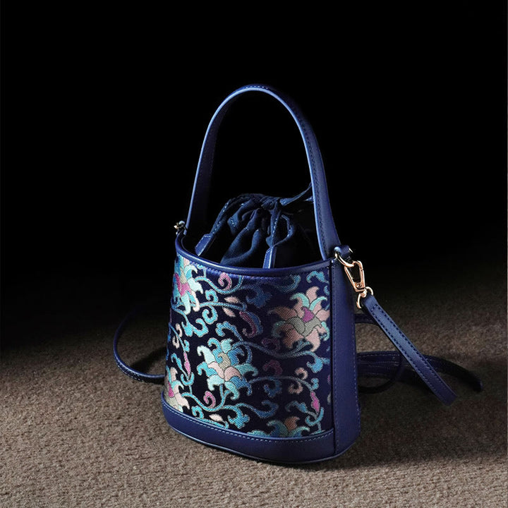 Sac à bandoulière rétro en brocart avec branches entrelacées de lotus et Buddha Stones