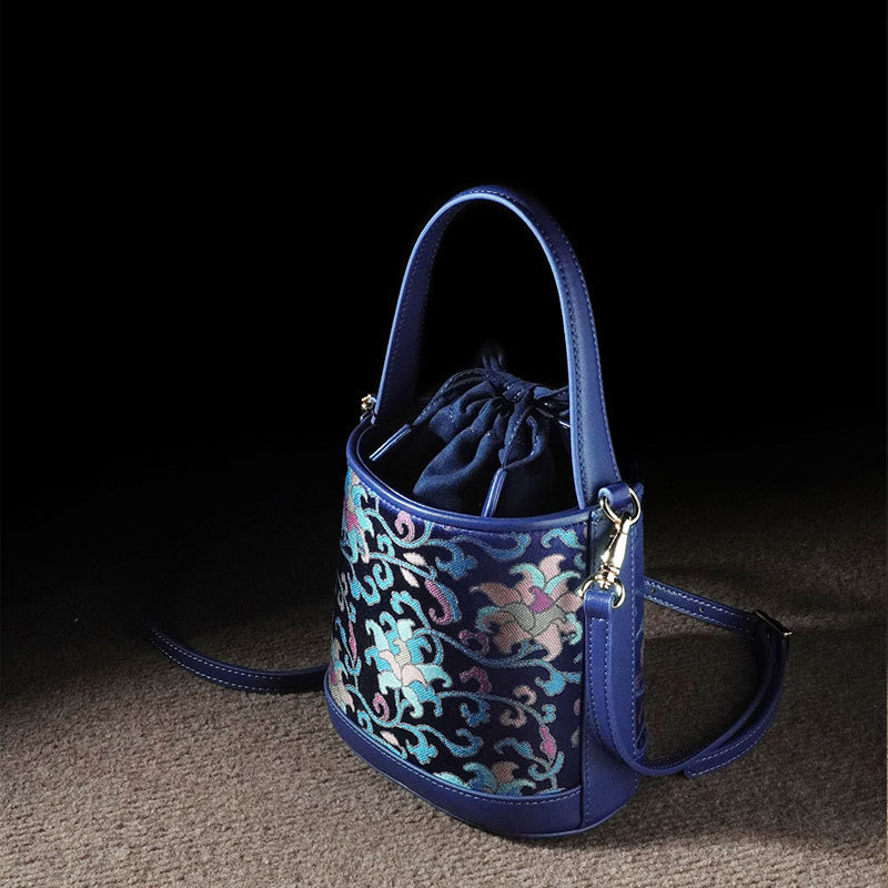 Sac à bandoulière rétro en brocart avec branches entrelacées de lotus et Buddha Stones