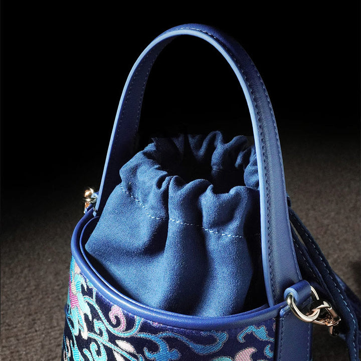 Sac à bandoulière rétro en brocart avec branches entrelacées de lotus et Buddha Stones