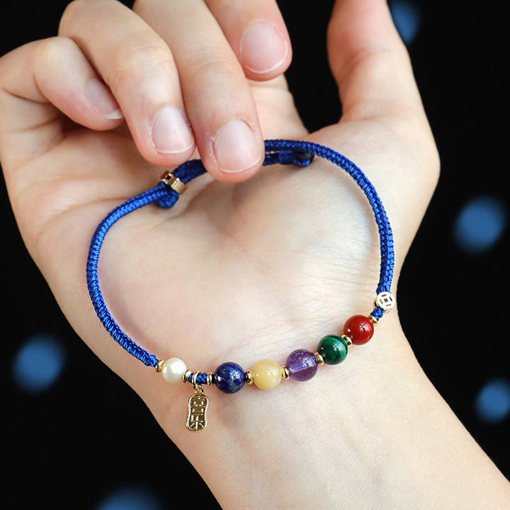 Bracelet en Buddha Stones, bleu Klein, agate rouge du Sud, grenat, aventurine bleue, lazurite, lapis-lazuli et cuivre, papillon, caractère Fu, positif - image 10