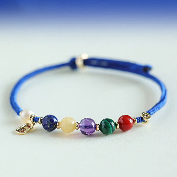 Bracelet en Buddha Stones, bleu Klein, agate rouge du Sud, grenat, aventurine bleue, lazurite, lapis-lazuli et cuivre, papillon, caractère Fu, positif - image 9