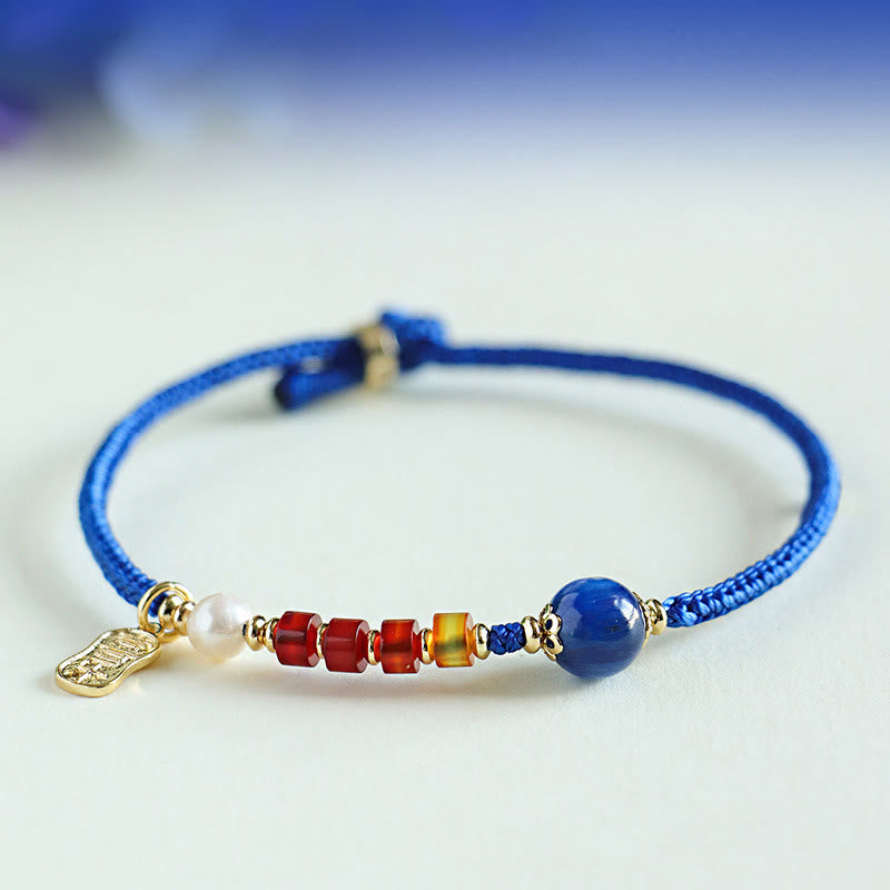 Bracelet en Buddha Stones, bleu Klein, agate rouge du Sud, grenat, aventurine bleue, lazurite, lapis-lazuli et cuivre, papillon, caractère Fu, positif - image 12