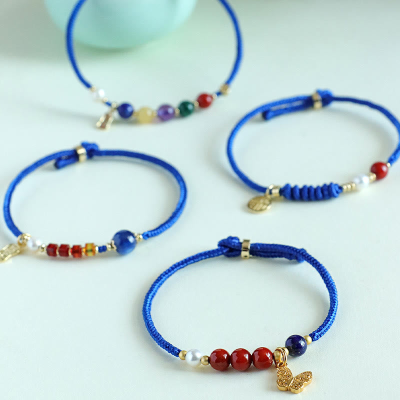 Bracelet en Buddha Stones, bleu Klein, agate rouge du Sud, grenat, aventurine bleue, lazurite, lapis-lazuli et cuivre, papillon, caractère Fu, positif - image 14
