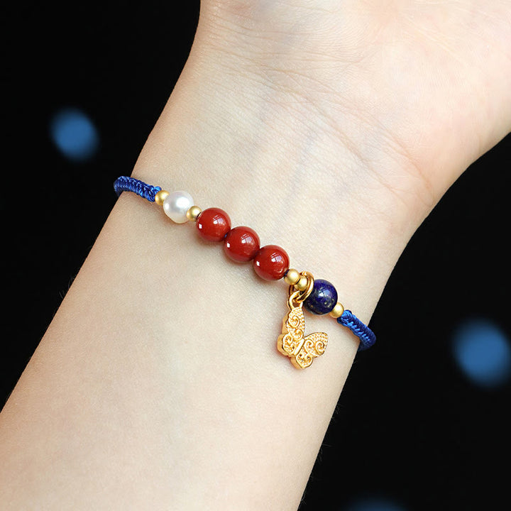 Bracelet en Buddha Stones, bleu Klein, agate rouge du Sud, grenat, aventurine bleue, lazurite, lapis-lazuli et cuivre, papillon, caractère Fu, positif - image 4