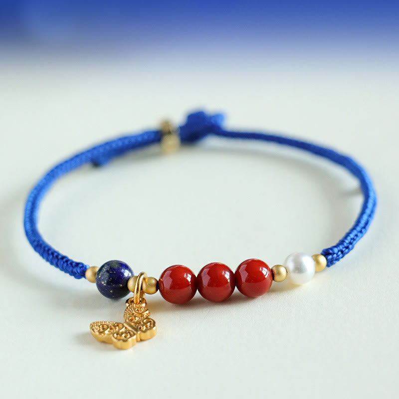 Bracelet en Buddha Stones, bleu Klein, agate rouge du Sud, grenat, aventurine bleue, lazurite, lapis-lazuli et cuivre, papillon, caractère Fu, positif - image 1