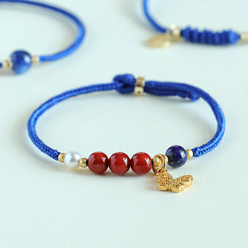 Bracelet en Buddha Stones, bleu Klein, agate rouge du Sud, grenat, aventurine bleue, lazurite, lapis-lazuli et cuivre, papillon, caractère Fu, positif - image 2