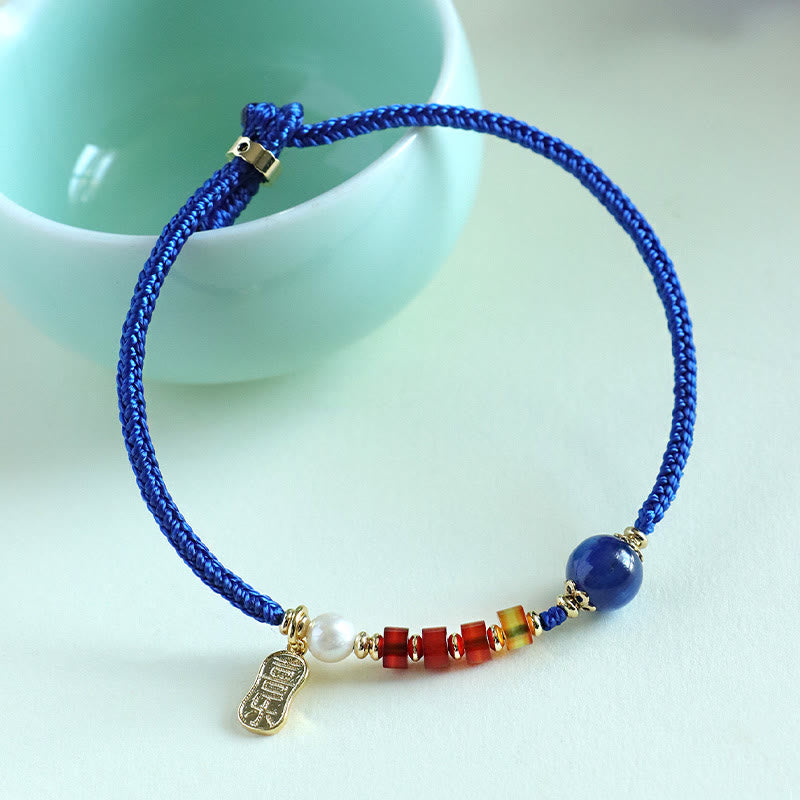 Bracelet en Buddha Stones, bleu Klein, agate rouge du Sud, grenat, aventurine bleue, lazurite, lapis-lazuli et cuivre, papillon, caractère Fu, positif - image 13