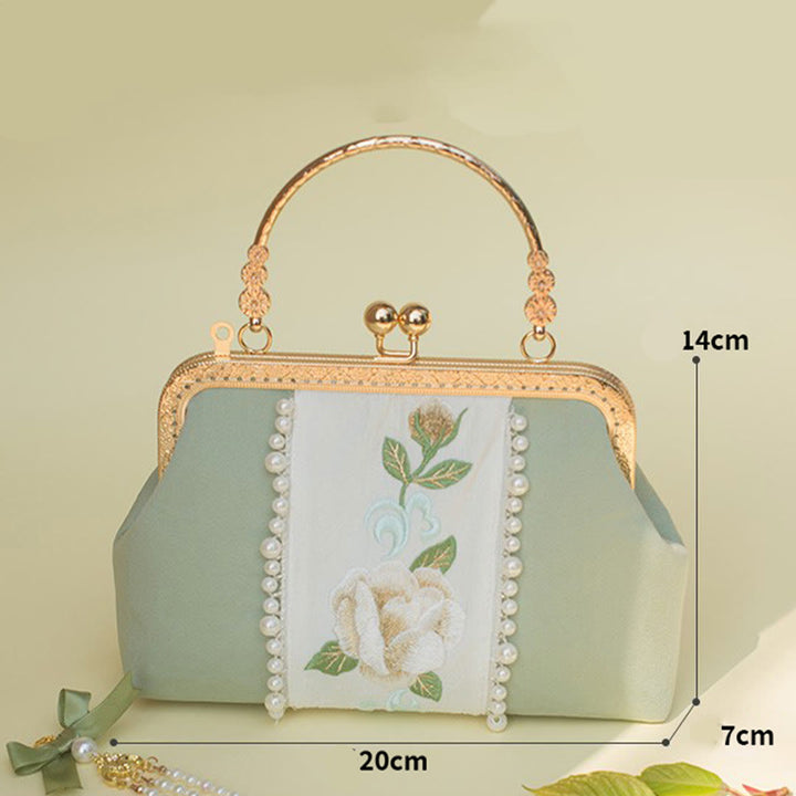 Sac à main avec chaîne en métal et pendentif en perles brodées de fleurs double face en Buddha Stones