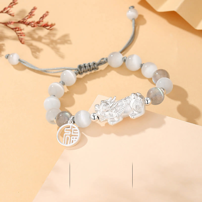 Bracelet porte-bonheur en argent Buddha Stones 999 avec six mots vrais et obsidienne noire, turquoise blanche et chrysobéryl