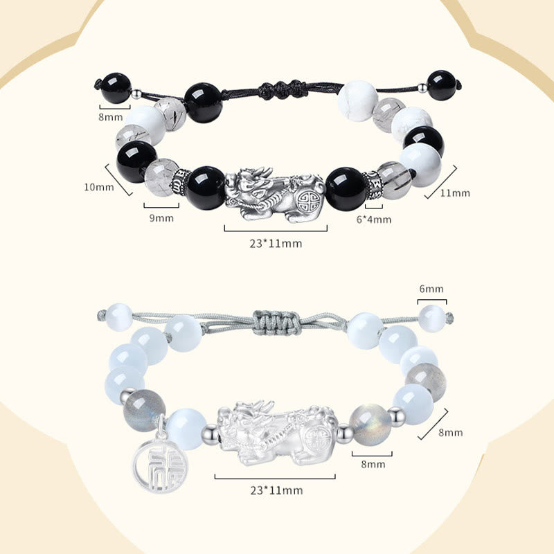 Bracelet porte-bonheur en argent Buddha Stones 999 avec six mots vrais et obsidienne noire, turquoise blanche et chrysobéryl
