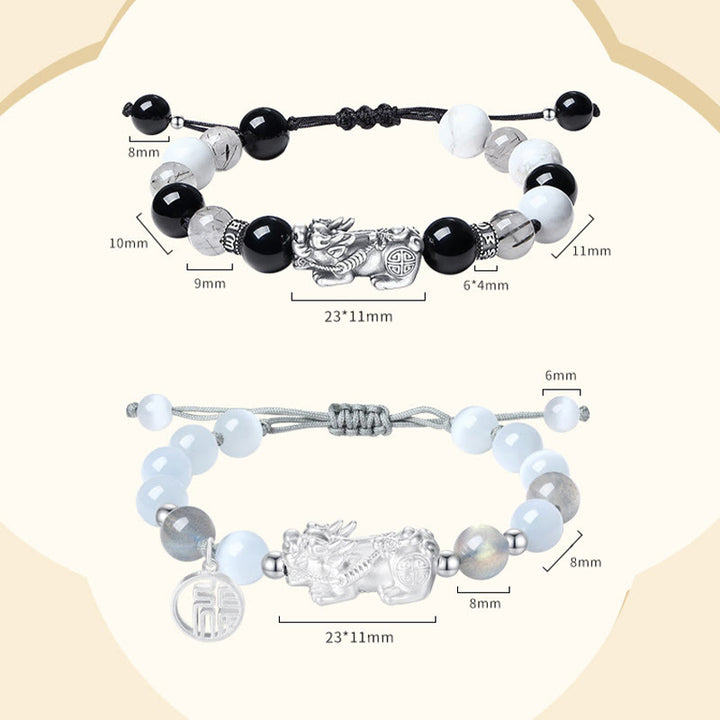 Bracelet porte-bonheur en argent Buddha Stones 999 avec six mots vrais et obsidienne noire, turquoise blanche et chrysobéryl