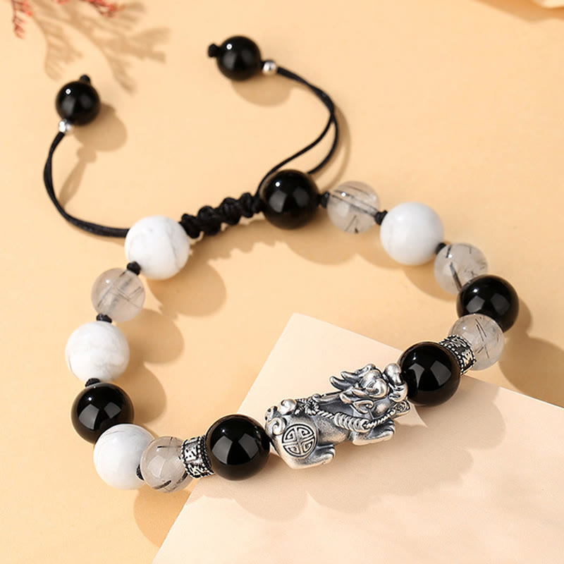 Bracelet porte-bonheur en argent Buddha Stones 999 avec six mots vrais et obsidienne noire, turquoise blanche et chrysobéryl