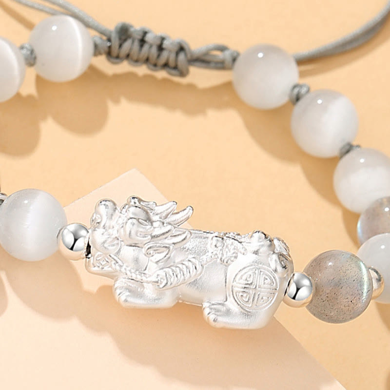 Bracelet porte-bonheur en argent Buddha Stones 999 avec six mots vrais et obsidienne noire, turquoise blanche et chrysobéryl