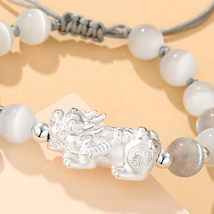 Bracelet porte-bonheur en argent Buddha Stones 999 avec six mots vrais et obsidienne noire, turquoise blanche et chrysobéryl