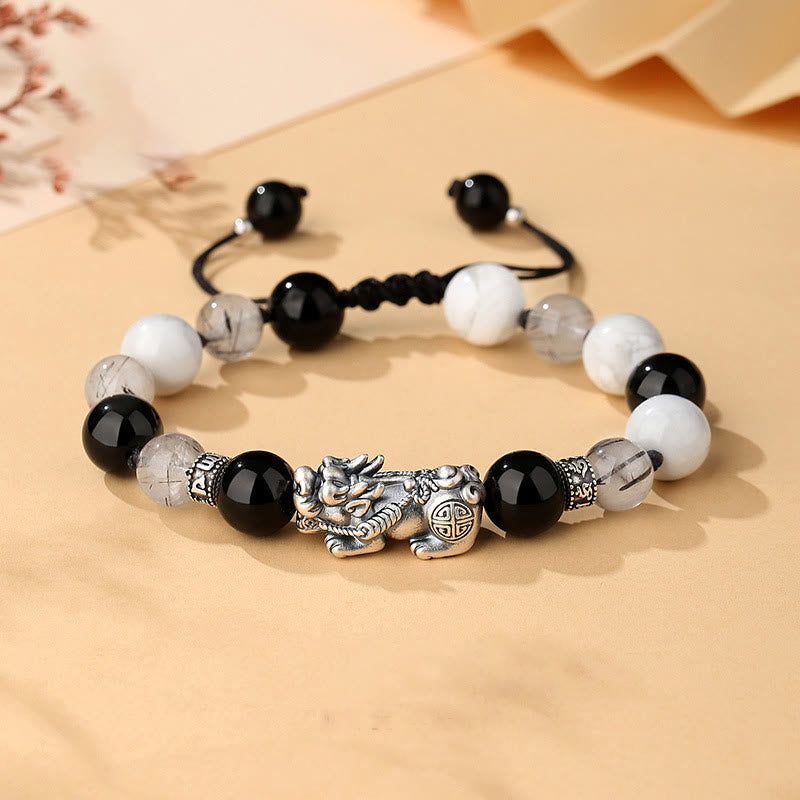 Bracelet porte-bonheur en argent Buddha Stones 999 avec six mots vrais et obsidienne noire, turquoise blanche et chrysobéryl - Argent sterling 999, obsidienne noire, turquoise blanche, quartz rutile noir (tour de poignet : 20-25 cm) - image 0