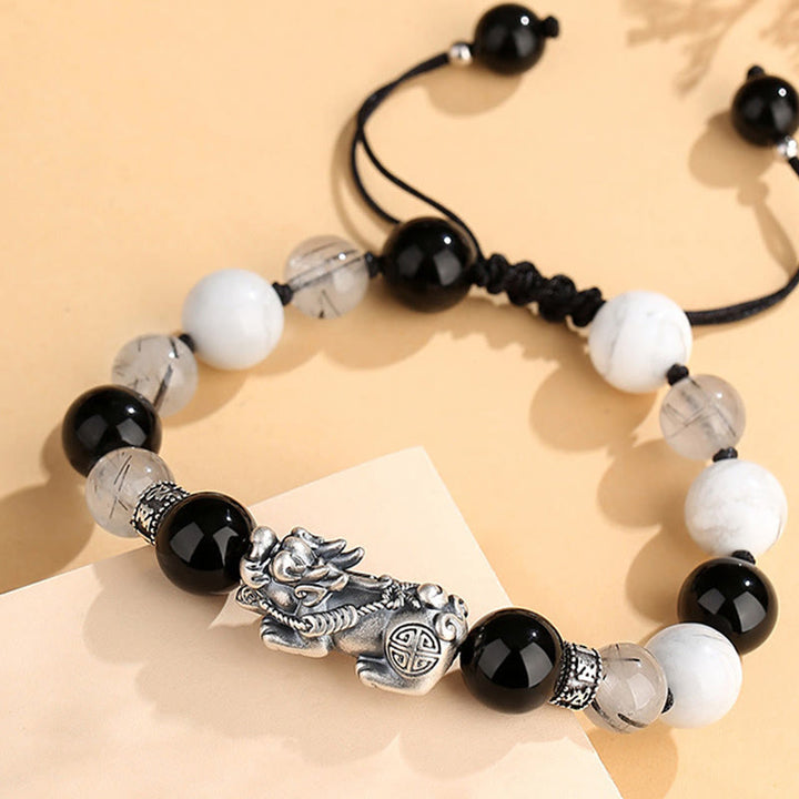Bracelet porte-bonheur en argent Buddha Stones 999 avec six mots vrais et obsidienne noire, turquoise blanche et chrysobéryl