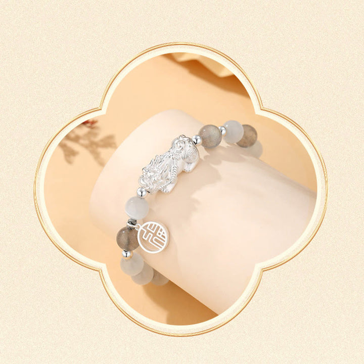 Bracelet porte-bonheur en argent Buddha Stones 999 avec six mots vrais et obsidienne noire, turquoise blanche et chrysobéryl - image 14