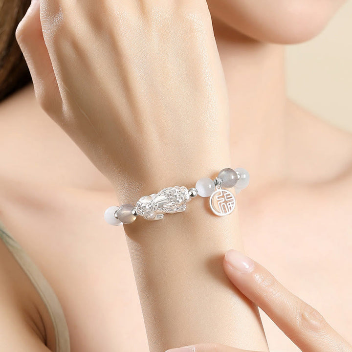 Bracelet porte-bonheur en argent Buddha Stones 999 avec six mots vrais et obsidienne noire, turquoise blanche et chrysobéryl - image 15