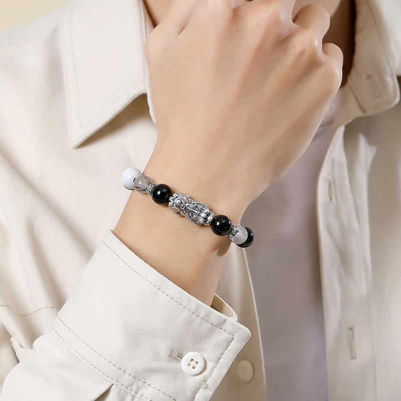Bracelet porte-bonheur en argent Buddha Stones 999 avec six mots vrais et obsidienne noire, turquoise blanche et chrysobéryl