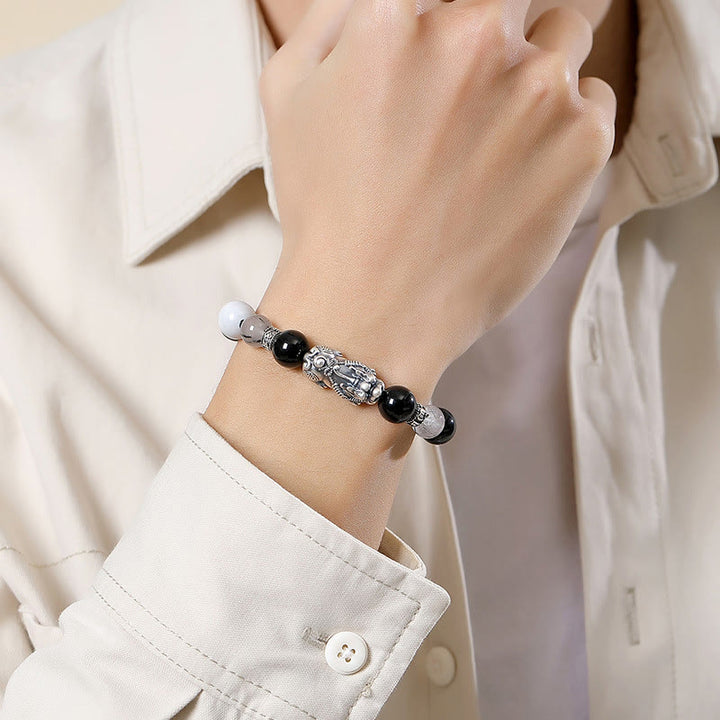 Bracelet porte-bonheur en argent Buddha Stones 999 avec six mots vrais et obsidienne noire, turquoise blanche et chrysobéryl - image 4