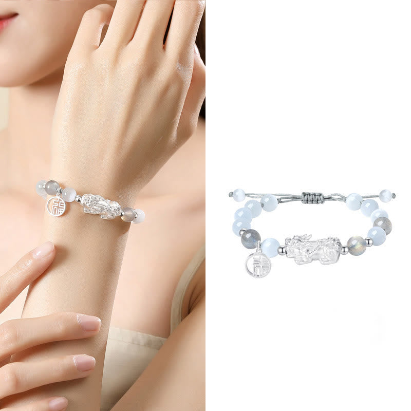 Bracelet porte-bonheur en argent Buddha Stones 999 avec six mots vrais et obsidienne noire, turquoise blanche et chrysobéryl