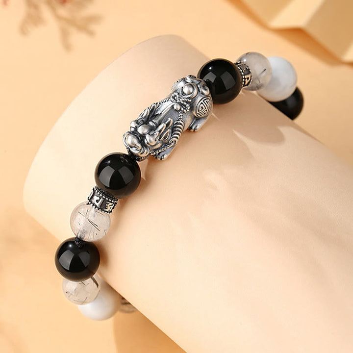Bracelet porte-bonheur en argent Buddha Stones 999 avec six mots vrais et obsidienne noire, turquoise blanche et chrysobéryl