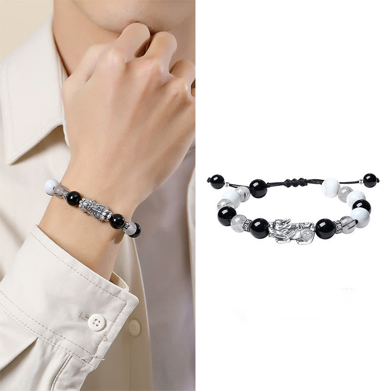 Bracelet porte-bonheur en argent Buddha Stones 999 avec six mots vrais et obsidienne noire, turquoise blanche et chrysobéryl