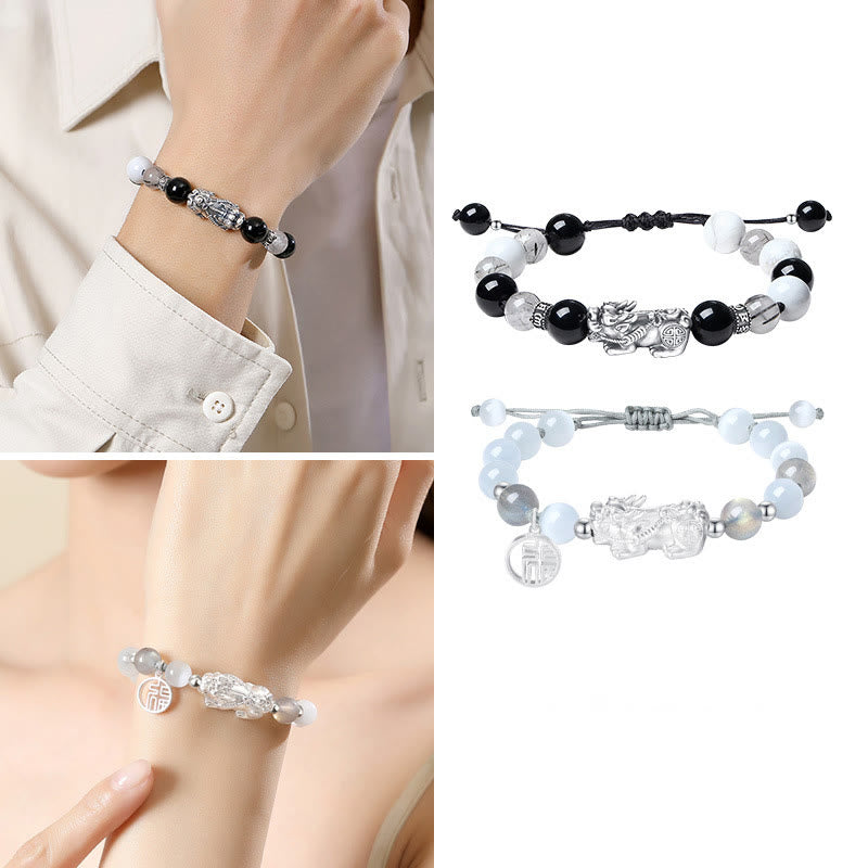 Bracelet porte-bonheur en argent Buddha Stones 999 avec six mots vrais et obsidienne noire, turquoise blanche et chrysobéryl