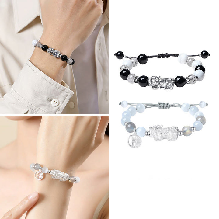 Bracelet porte-bonheur en argent Buddha Stones 999 avec six mots vrais et obsidienne noire, turquoise blanche et chrysobéryl