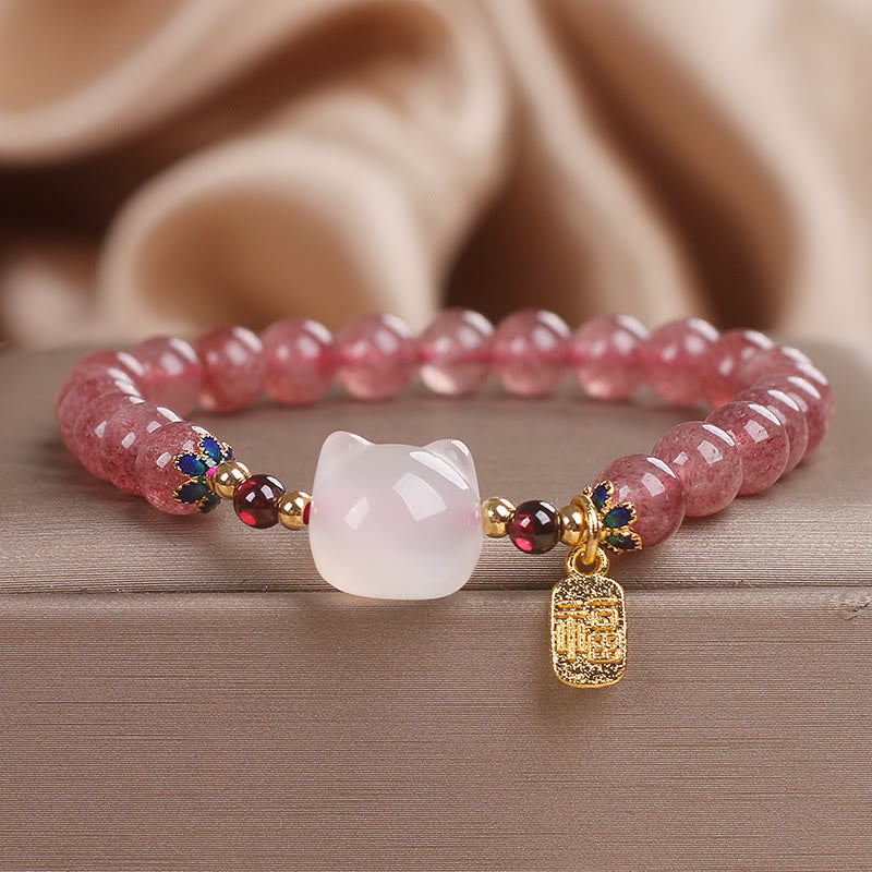 Bracelet de guérison en jade blanc et quartz Buddha Stones avec personnage de chat Fu - Quartz fraise Jade blanc (tour de poignet : 14-16 cm) - image 1