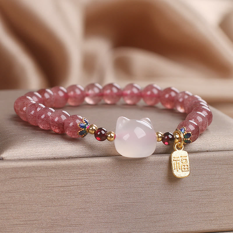 Bracelet de guérison en jade blanc et quartz Buddha Stones avec personnage de chat Fu - image 3