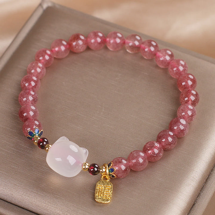 Bracelet de guérison en jade blanc et quartz Buddha Stones avec personnage de chat Fu - image 12