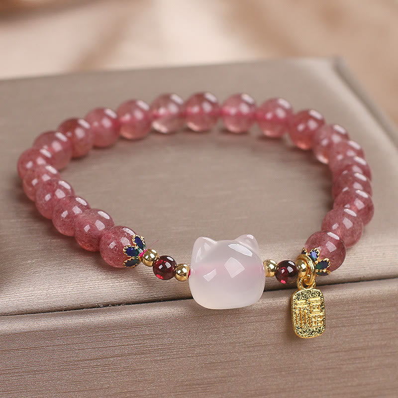 Bracelet de guérison en jade blanc et quartz Buddha Stones avec personnage de chat Fu - image 4