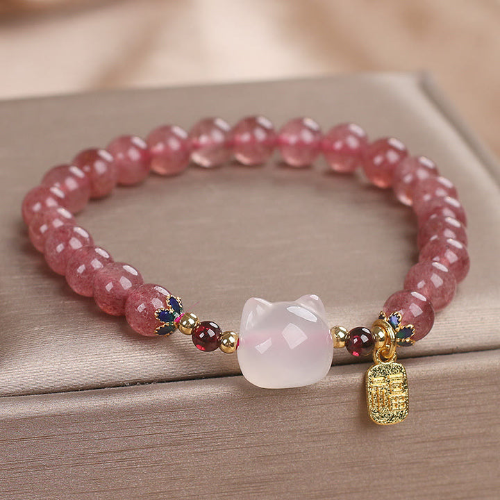 Bracelet de guérison en jade blanc et quartz Buddha Stones avec personnage de chat Fu - image 4