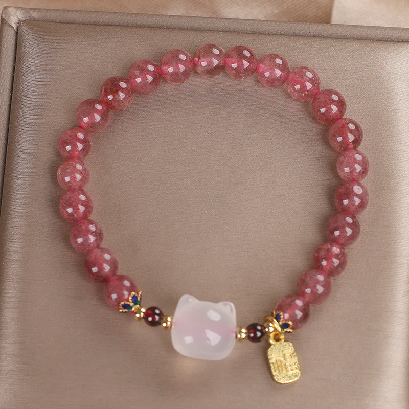Bracelet de guérison en jade blanc et quartz Buddha Stones avec personnage de chat Fu - image 11