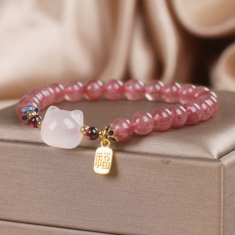 Bracelet de guérison en jade blanc et quartz Buddha Stones avec personnage de chat Fu - image 2