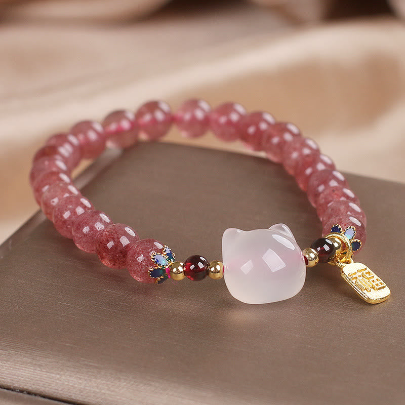 Bracelet de guérison en jade blanc et quartz Buddha Stones avec personnage de chat Fu - image 5