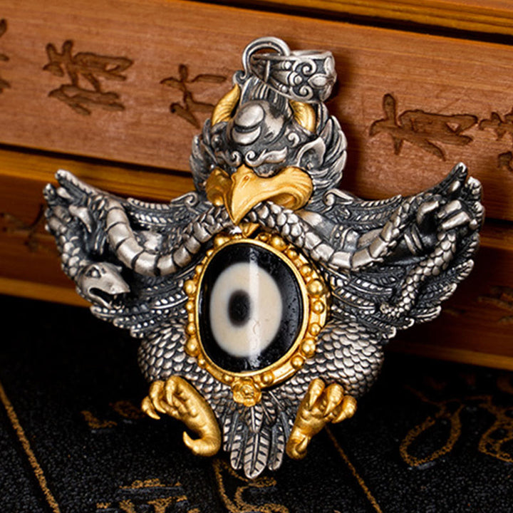 Collier pendentif de protection en perles dzi avec oiseau Garuda en argent sterling 925 et Buddha Stones