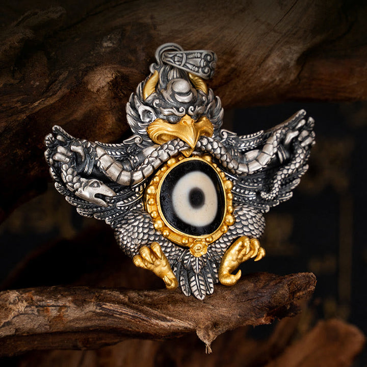 Collier pendentif de protection en perles dzi avec oiseau Garuda en argent sterling 925 et Buddha Stones