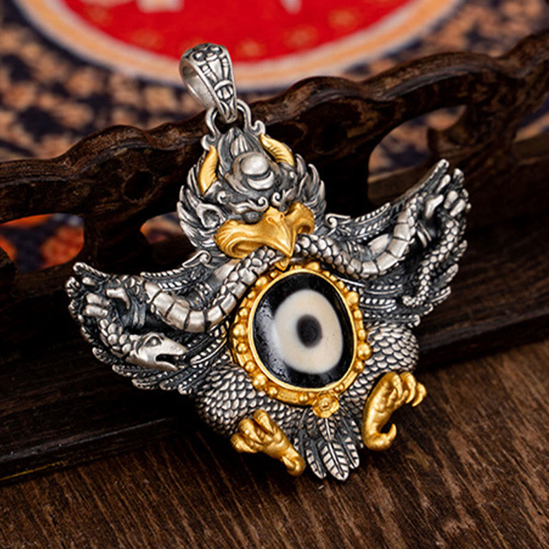 Collier pendentif de protection en perles dzi avec oiseau Garuda en argent sterling 925 et Buddha Stones