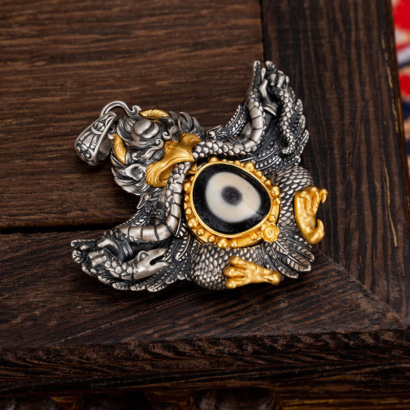 Collier pendentif de protection en perles dzi avec oiseau Garuda en argent sterling 925 et Buddha Stones