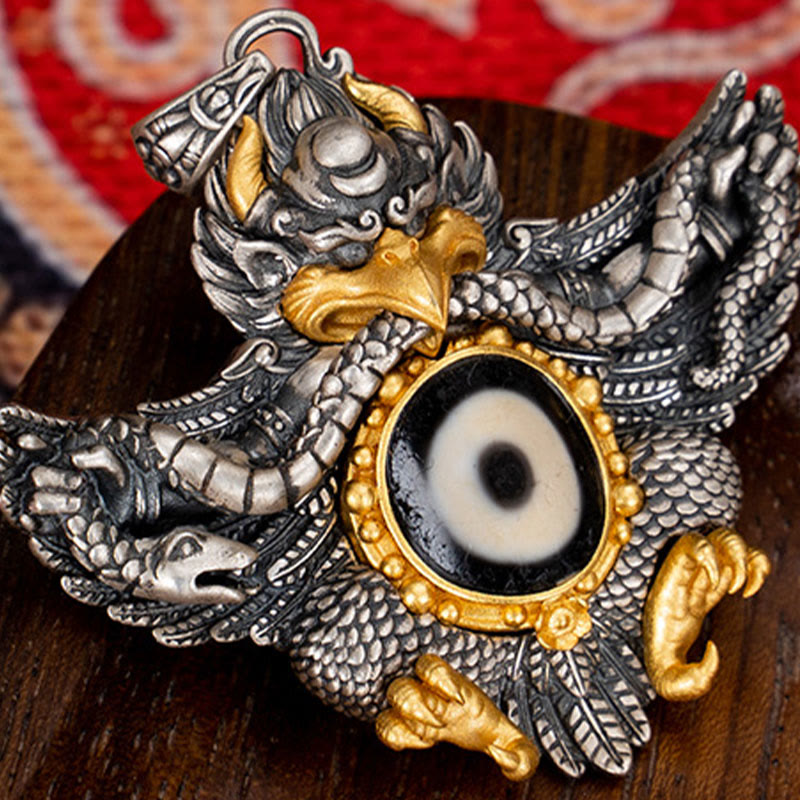 Collier pendentif de protection en perles dzi avec oiseau Garuda en argent sterling 925 et Buddha Stones
