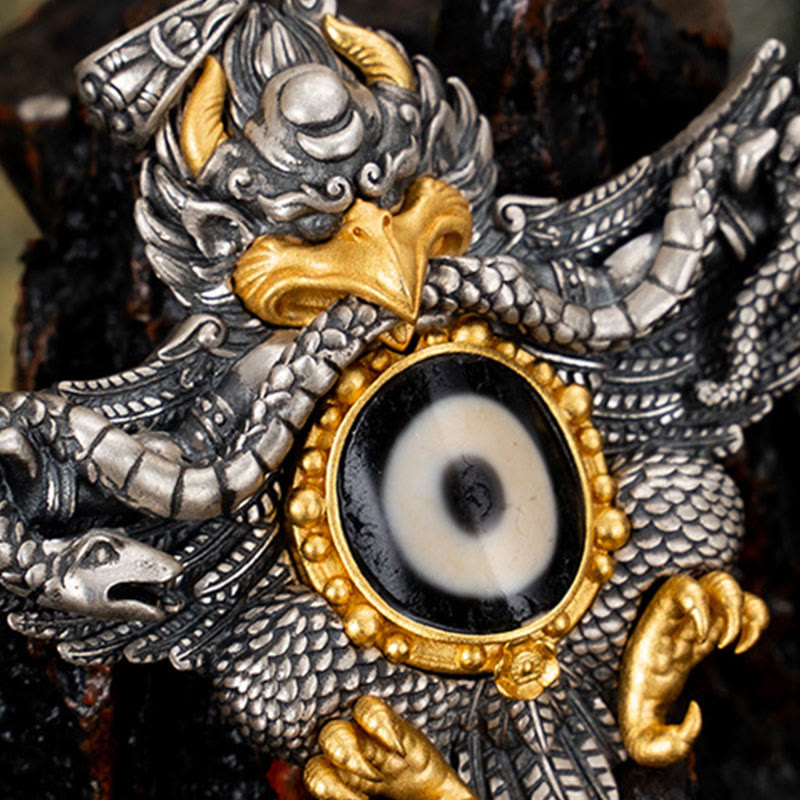 Collier pendentif de protection en perles dzi avec oiseau Garuda en argent sterling 925 et Buddha Stones