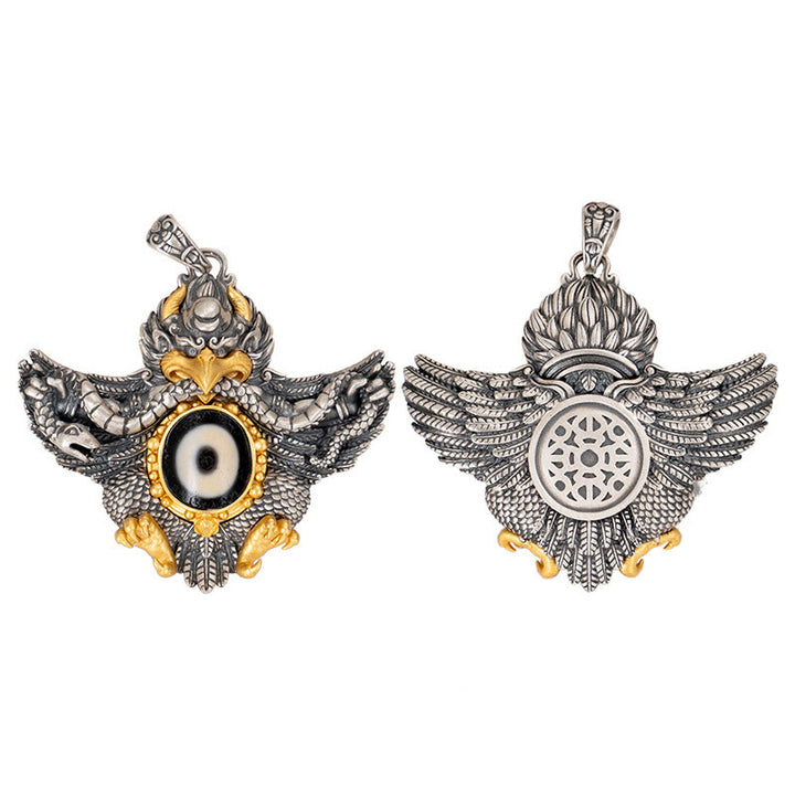 Collier pendentif de protection en perles dzi avec oiseau Garuda en argent sterling 925 et Buddha Stones