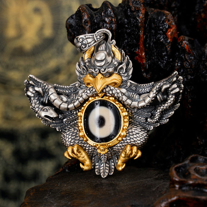 Collier pendentif de protection en perles dzi avec oiseau Garuda en argent sterling 925 et Buddha Stones