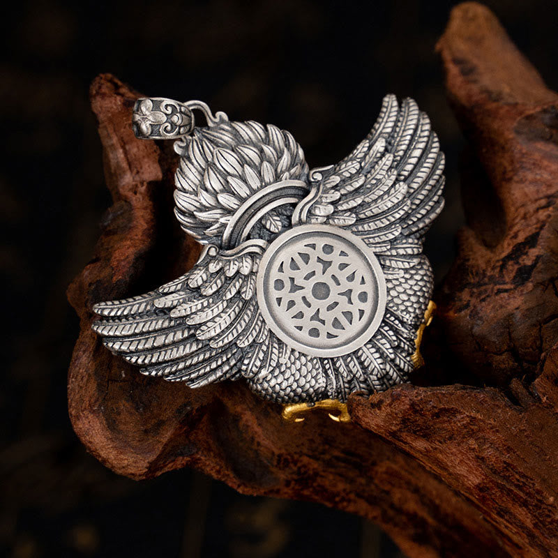 Collier pendentif de protection en perles dzi avec oiseau Garuda en argent sterling 925 et Buddha Stones