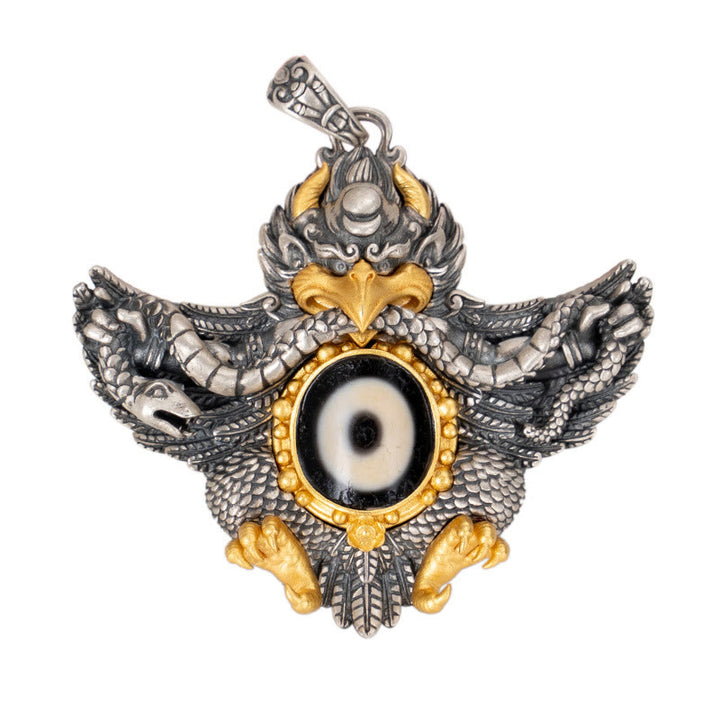 Collier pendentif de protection en perles dzi avec oiseau Garuda en argent sterling 925 et Buddha Stones