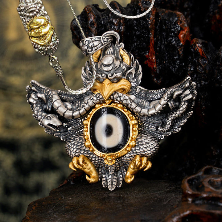 Collier pendentif de protection en perles dzi avec oiseau Garuda en argent sterling 925 et Buddha Stones