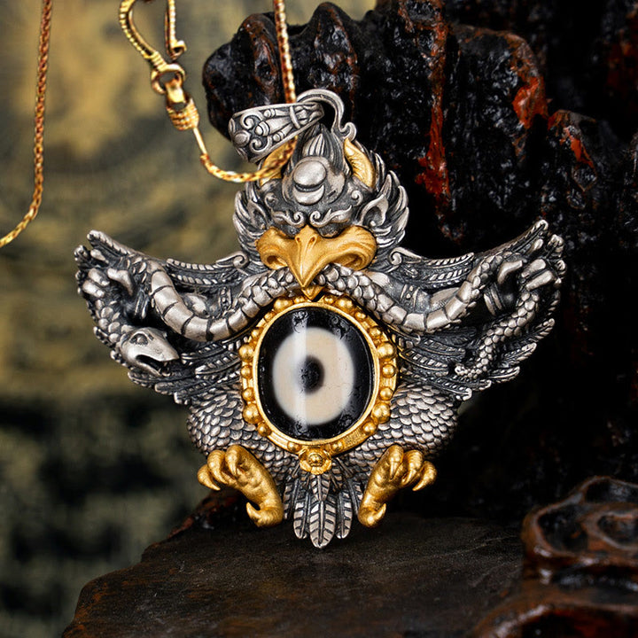 Collier pendentif de protection en perles dzi avec oiseau Garuda en argent sterling 925 et Buddha Stones
